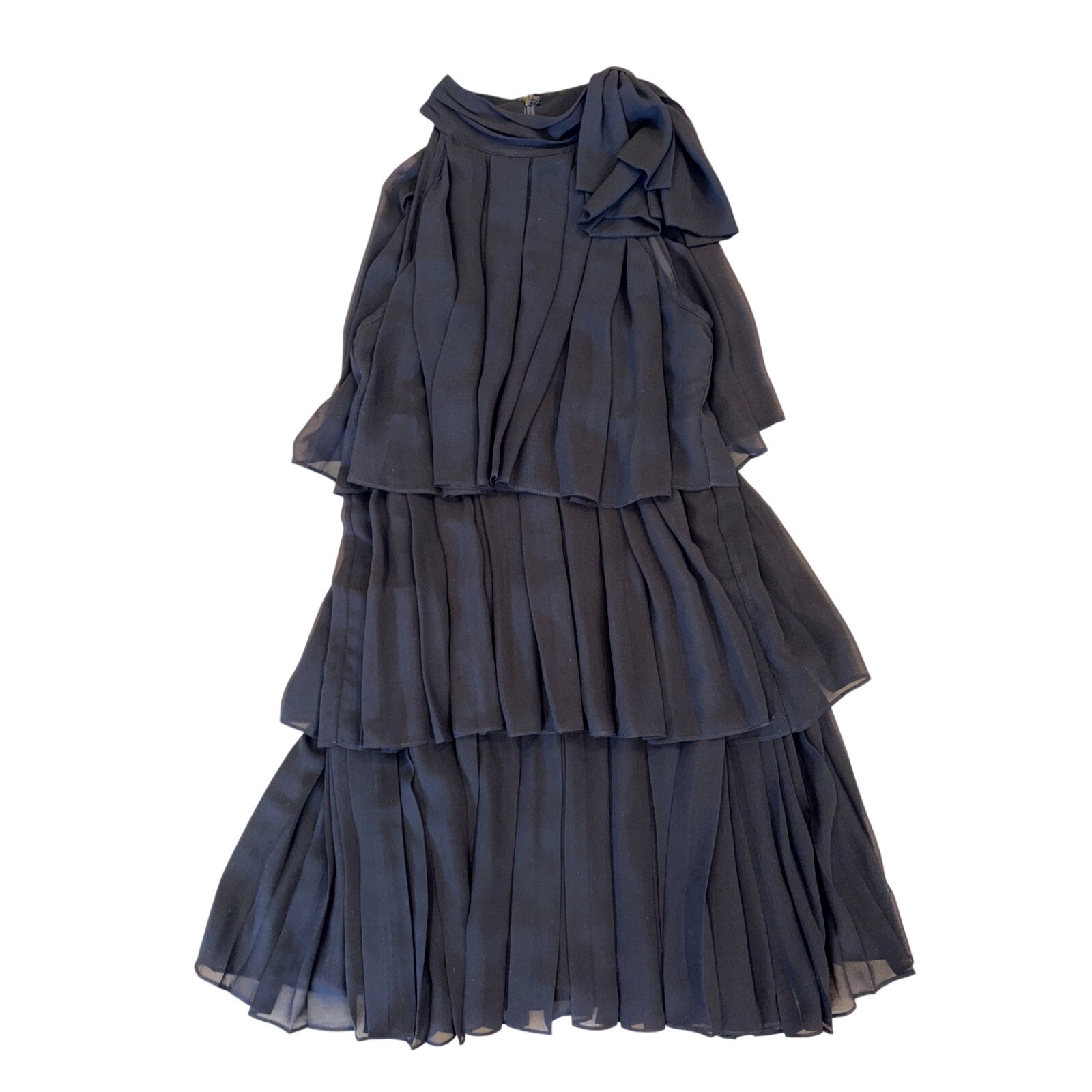 White House Black Market Pleated Tiered Black Dress Neck Bow Black Dress Large